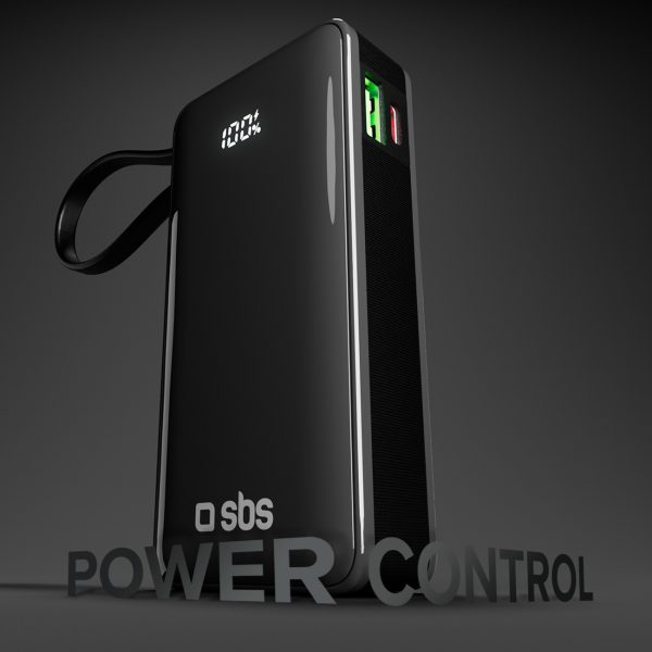 Powerbank 10000mAh USB-A USB-C ar iebūvētu displeju un 20W USB-C kabeli - melns