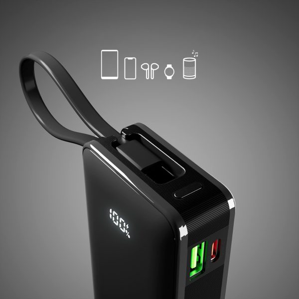 Powerbank 10000mAh USB-A USB-C ar iebūvētu displeju un 20W USB-C kabeli - melns