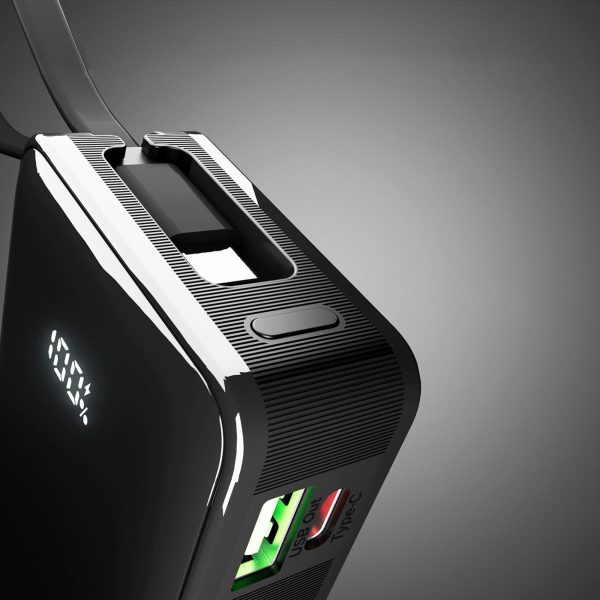 Powerbank 10000mAh USB-A USB-C ar iebūvētu displeju un 20W USB-C kabeli - melns