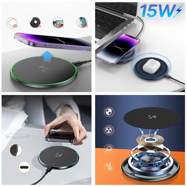 Qi bezvadu induktīvais lādētājs ar USB-C kabeli 15W - melns