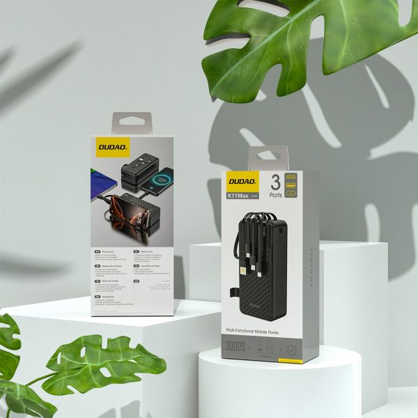 K11 Max 30000mAh Powerbank ar iebūvētiem vadiem - melns