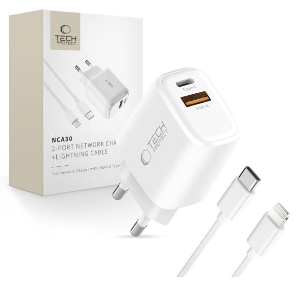 NCA30 USB-A USB-C PD QC 30W sienas lādētājs ar USB-C kabeli - iPhone Lightning 1m - balts