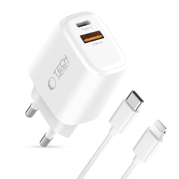 NCA30 USB-A USB-C PD QC 30W sienas lādētājs ar USB-C kabeli - iPhone Lightning 1m - balts