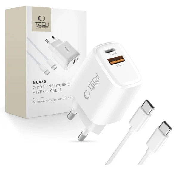 NCA30 USB-A USB-C PD QC 30W sienas lādētājs ar 1m USB-C kabeli - balts