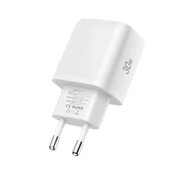 NCA30 USB-A USB-C PD QC 30W sienas lādētājs ar 1m USB-C kabeli - balts
