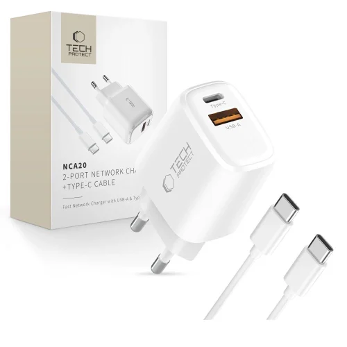 NCA20 USB-A USB-C PD QC 20W sienas lādētājs ar 1m USB-C kabeli - balts