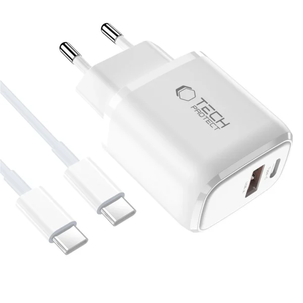 NCA20 USB-A USB-C PD QC 20W sienas lādētājs ar 1m USB-C kabeli - balts