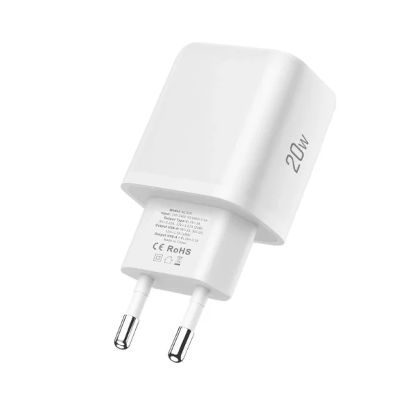 NCA20 USB-A USB-C PD QC 20W sienas lādētājs ar 1m USB-C kabeli - balts