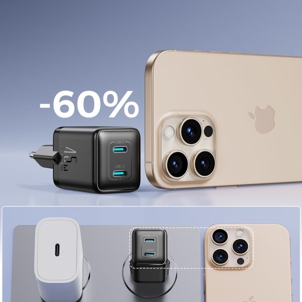 2x USB-C ES 45W sienas lādētāji - melni