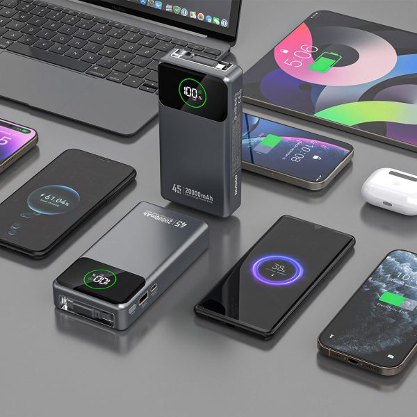 K31 Pro 20000mAh pārnēsājamais akumulators ar ievelkamu USB-C kabeli 45W - pelēks