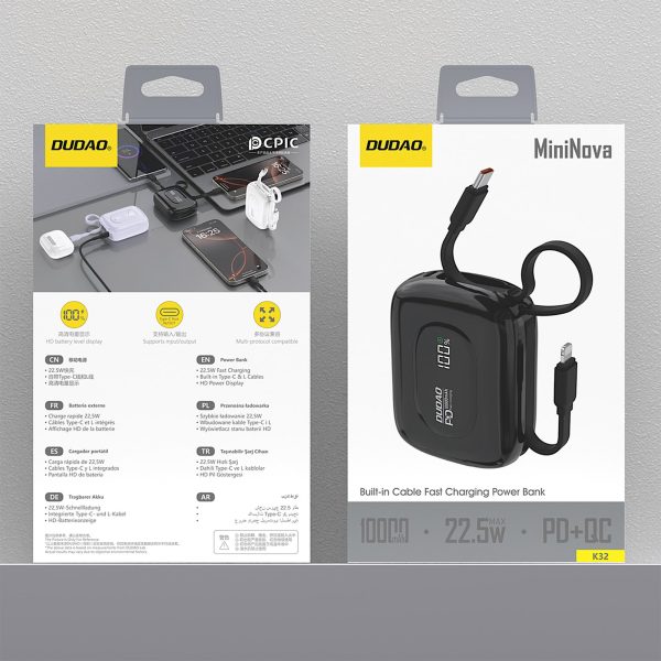 K32 10000 mAh Powerbank ar iebūvētu USB-C iPhone Lightning kabeli 22,5 W - melns