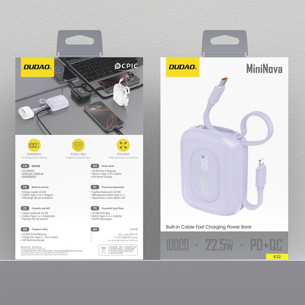 K32 10000 mAh Powerbank ar iebūvētu USB-C iPhone Lightning kabeli 22,5 W - violets
