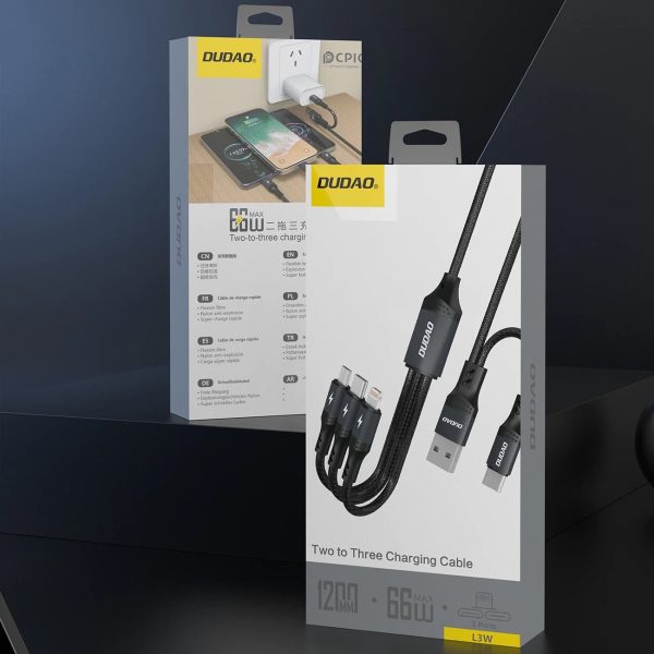 USB-A USB-C uz Lightning USB-C MicroUSB 66W daudzfunkcionāls kabelis - melns