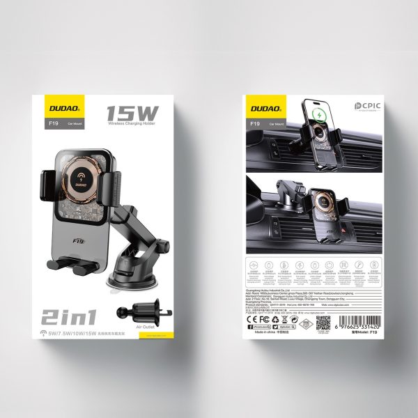 Automašīnas turētājs ar skavu un 15 W induktīvo lādētāju - melns