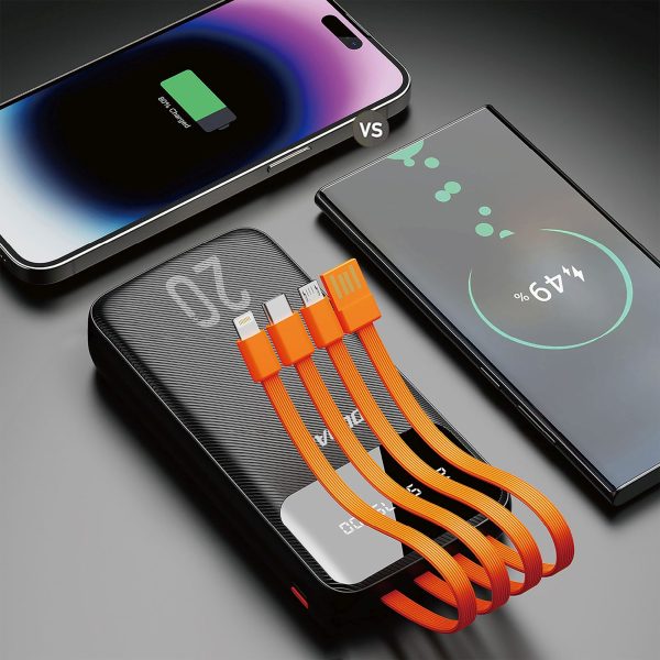 K6Pro+ 20000mAh Powerbank ar iebūvētu USB-C MicroUSB iPhone Lightning kabeli - melns