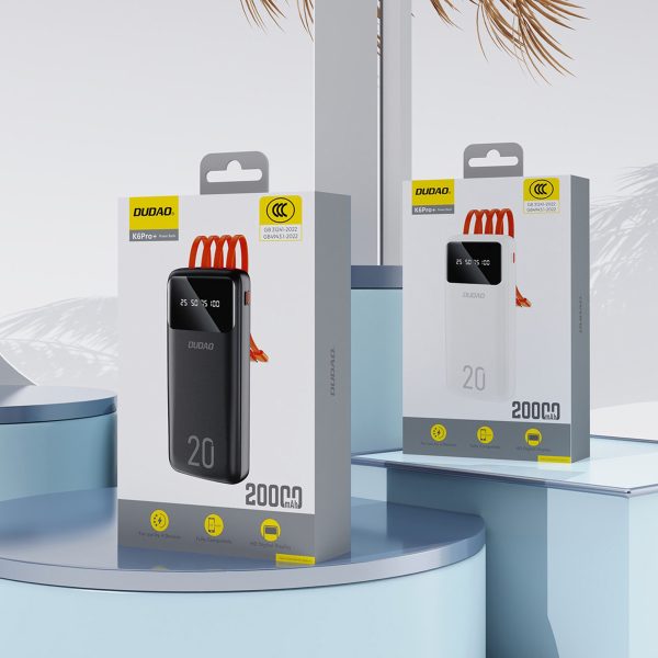 K6Pro+ 20000mAh Powerbank ar iebūvētu USB-C MicroUSB iPhone Lightning kabeli - melns