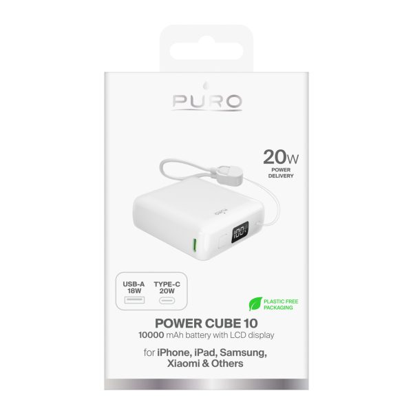 Powerbank 10000mAh USB-A USB-C ar iebūvētu displeju un 20W USB-C kabeli - balts