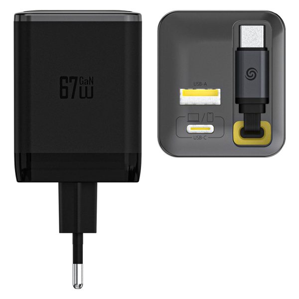 USB-A USB-C GaN 67W sienas lādētājs ar ievelkamu USB-C PD QC kabeli - melns