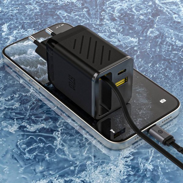 USB-A USB-C GaN 67W sienas lādētājs ar ievelkamu USB-C PD QC kabeli - melns