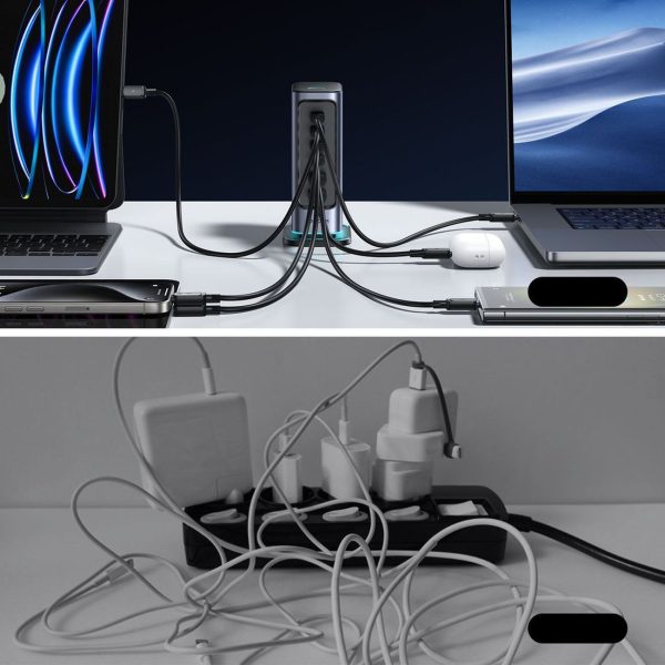 JR-TCM02 uzlādes stacija 2x USB-A 4x USB-C GaN 65W Apvienotās Karalistes spraudnis - pelēka
