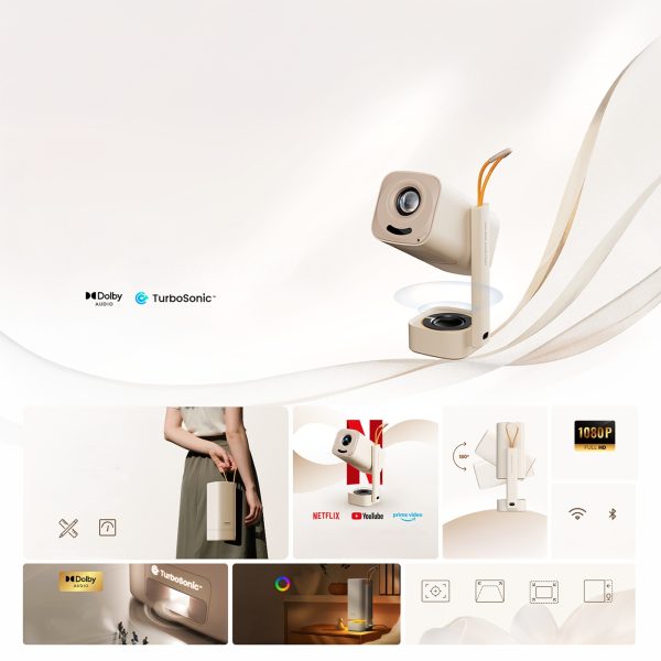 Pārnēsājams salokāms multimediju projektors WiFi BT FullHD 1080p - bēšs