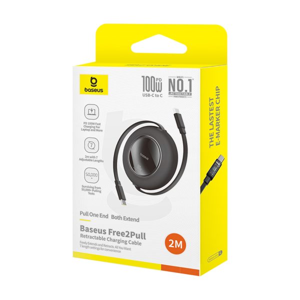 Ievelkams USB-C kabelis 100W 2m - melns