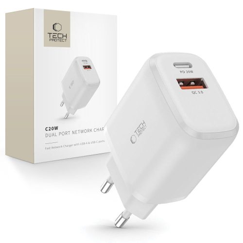 C20W USB-A USB-C PD QC 20W sienas lādētājs - balts
