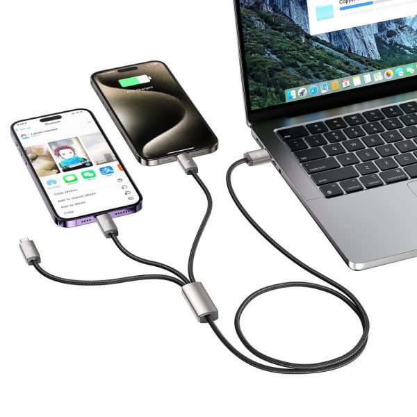 3-in-1 USB-A - Lightning / USB-C / micro USB kabelis 1m - pelēks