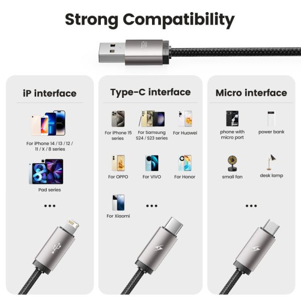 3-in-1 USB-A - Lightning / USB-C / micro USB kabelis 1m - pelēks