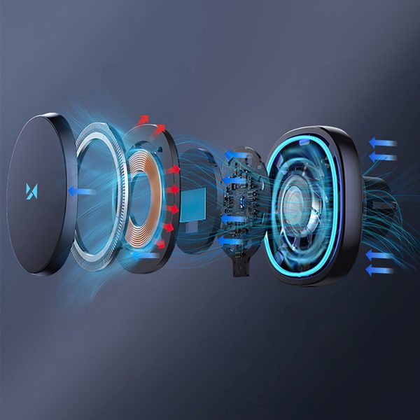 Automašīnas turētājs ar induktīvo tālruņa lādētāju un Qi MagSafe 15W režģa ventilatoru - melns