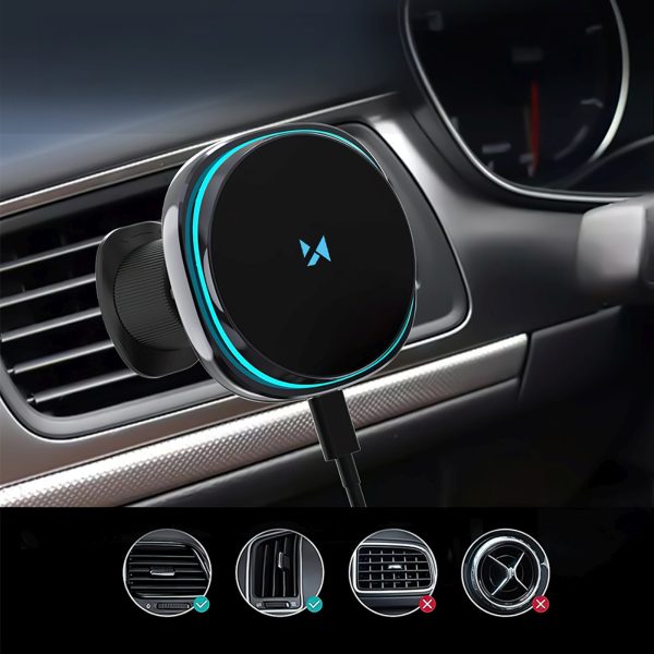 Automašīnas turētājs ar induktīvo lādētāju un telefona ventilatoru gaisa atverei Qi MagSafe 15W