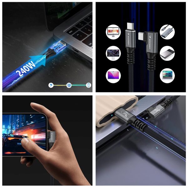 USB-C Thunderbolt 4 240W leņķa kabelis 2m - melns