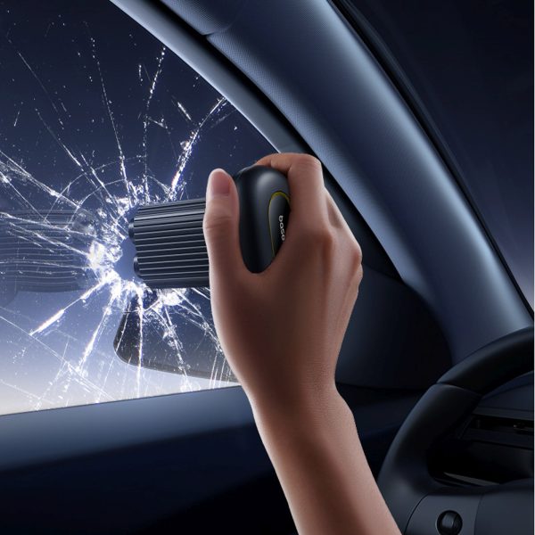 Avārijas automašīnas logu izsitiena āmurs ar drošības jostu griezēju