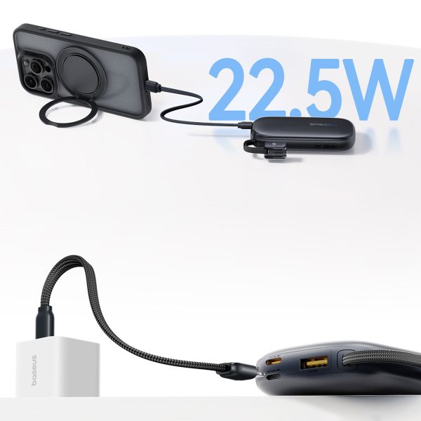 Powerbank 10000mAh 22.5W ar displeju un noņemamu kabeli - melns