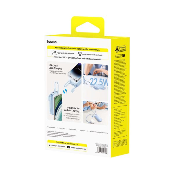 Powerbank 20000mAh 22.5W ar displeju un kabeli EnerFill FC21 Qpow 3 Ultra - zils