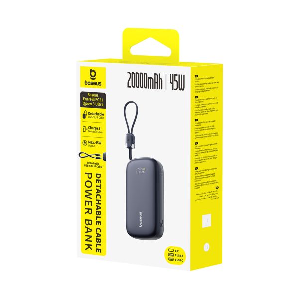 Powerbank 20000mAh 45W ar displeju un kabeli EnerFill FC21 Qpow 3 Ultra - melns
