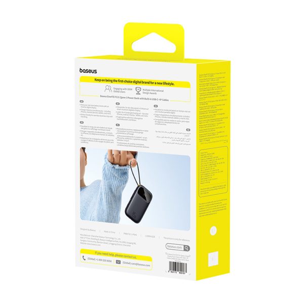 EnerFill FC31 20000mAh 45W Powerbank ar displeju un USB-C Lightning kabeļiem - melns