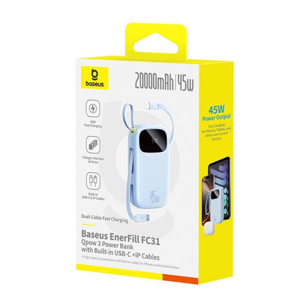 EnerFill FC31 20000mAh 45W Powerbank ar displeju un USB-C Lightning kabeļiem - zils