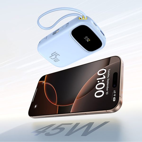 EnerFill FC31 20000mAh 45W Powerbank ar displeju un USB-C Lightning kabeļiem - zils