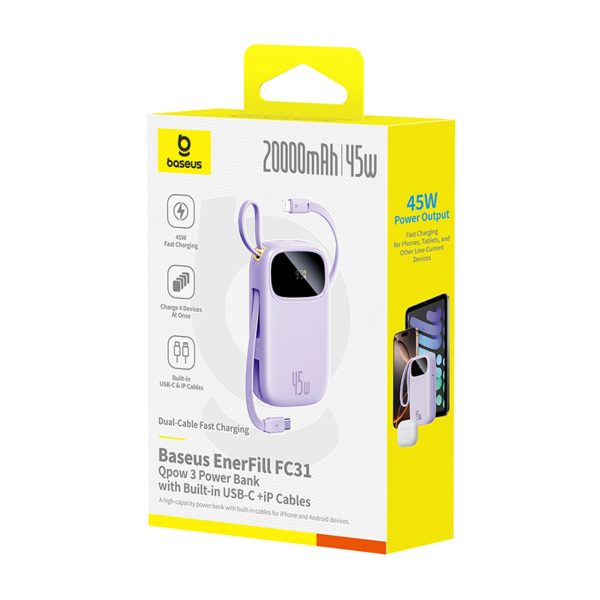 EnerFill FC31 20000mAh 45W Powerbank ar displeju un USB-C Lightning kabeļiem - violets