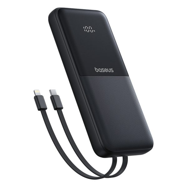 Powerbank 10000mAh 22.5W ar displeju, USB-C kabeļiem, iPhone Lightning Lipow - melns