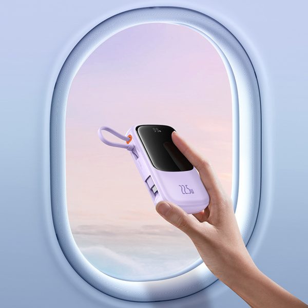 Powerbank 10000mAh 22.5W ar iebūvētu displeju un USB-C kabeli Qpow Pro+ - violets