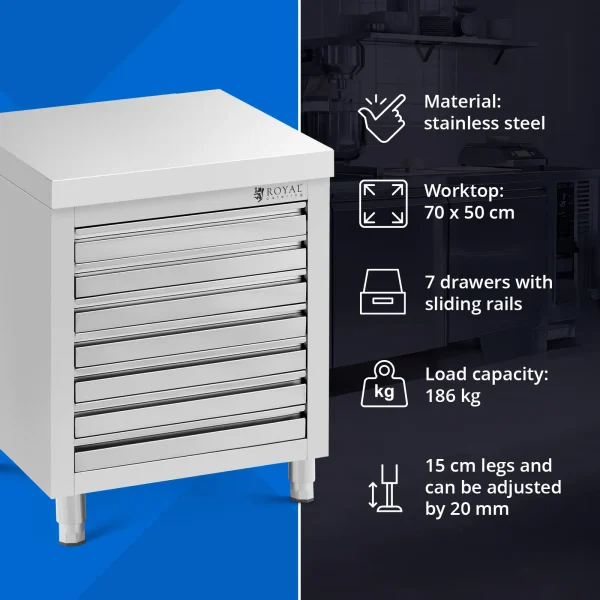 Gastronomiskais skapis picas mīklai, tērauda, 7 atvilktnes, 50 x 70 cm