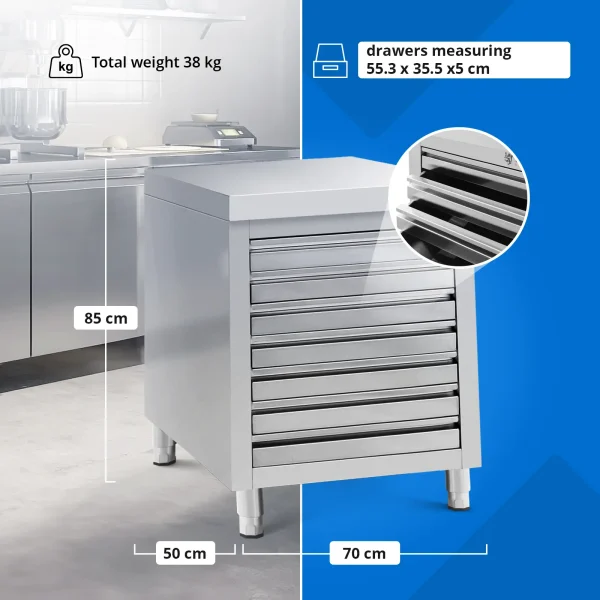 Gastronomiskais skapis picas mīklai, tērauda, 7 atvilktnes, 50 x 70 cm