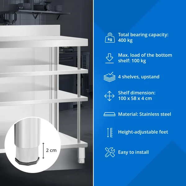 Bāra galds, darba virsma, ēdināšanas uzņēmums, ar apmali, 4 plaukti, TĒRAUDS, 100 x 60 x 105 cm
