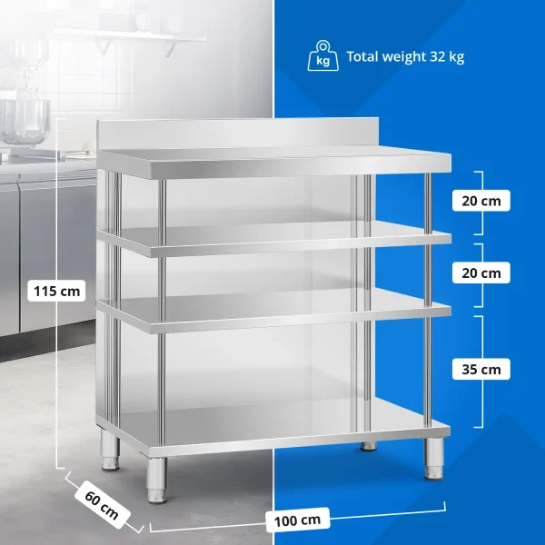 Bāra galds, darba virsma, ēdināšanas uzņēmums, ar apmali, 4 plaukti, TĒRAUDS, 100 x 60 x 105 cm