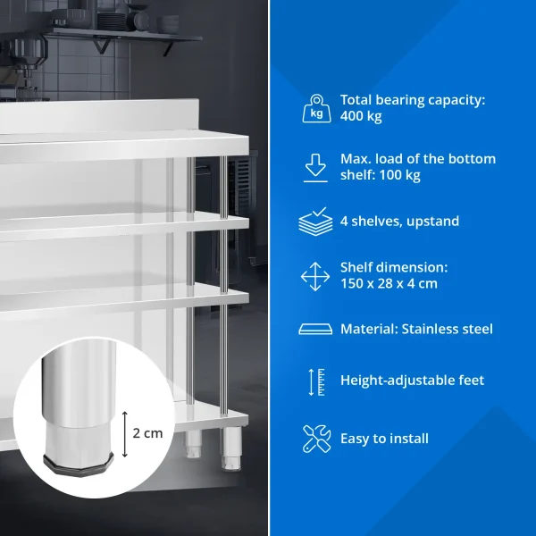 Bāra galds, darba virsma, ēdināšanas uzņēmums, ar apmali, 4 plaukti, TĒRAUDS, 150 x 30 x 105 cm