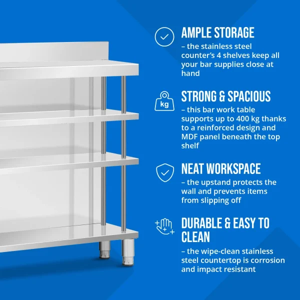 Bāra galds, darba virsma, ēdināšanas uzņēmums, ar apmali, 4 plaukti, TĒRAUDS, 150 x 30 x 105 cm