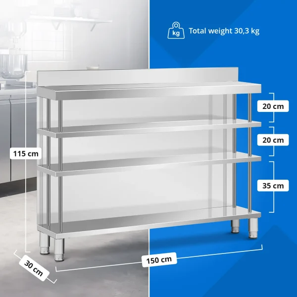 Bāra galds, darba virsma, ēdināšanas uzņēmums, ar apmali, 4 plaukti, TĒRAUDS, 150 x 30 x 105 cm