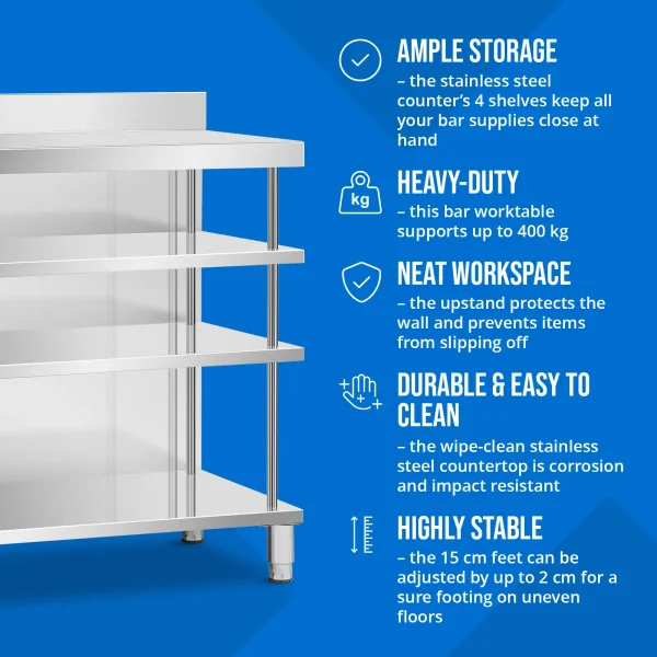 Bāra virsmas galds ar apmali, 4 plaukti, TĒRAUDA, 150 x 60 x 105 cm